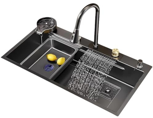 TT-YEC Fregadero Grande De Barra De Acero Inoxidable De Un Solo Recipiente, Fregadero De Cocina Bajo Encimera De Acero Inoxidable Negro, Fregadero Bajo Encimera Con Grifo Extraíble,L65×w45cm