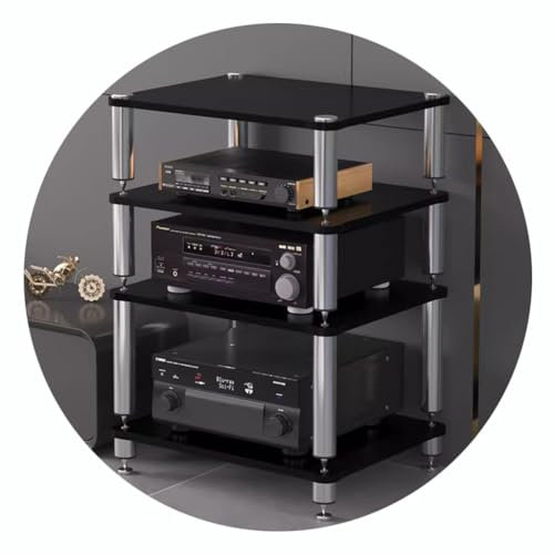4-stöckiges AV-Regal mit stoßdämpfenden Füßen, schwarzes Audio-Regal für Plattenspieler und Geräte, 60 x 48 x 80 cm (4 Etagen)