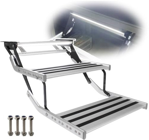Elektrische Wohnmobil-Stufe, rutschfeste Wohnmobiltreppe mit LED-Licht – zusammenklappbar, automatische Teleskopstufe, Wohnmobil-Stufe aus Aluminium für Wohnmobil/Wohnwagen/Camper/Reiseanhänger, unt