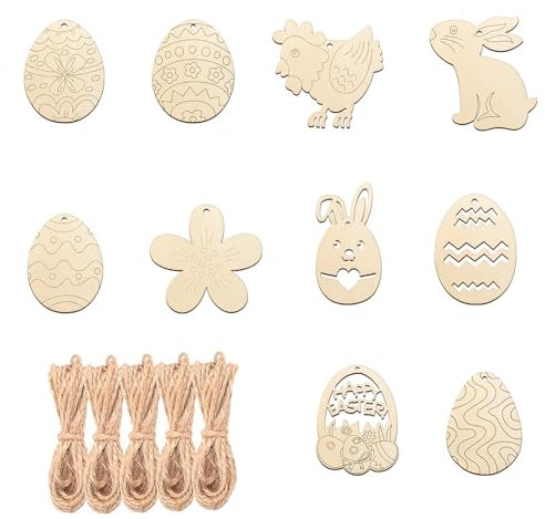 Bipl 50 Stück Osteranhänger Holz Bemalen, Unvollendet Osterdeko Holz zum Aufhängen, DIY Osteranhänger Holz Bemalen, Ostereier Hasen Huhn Blume zum Bemalen, für Holz Bemalen Bastelset Kinder