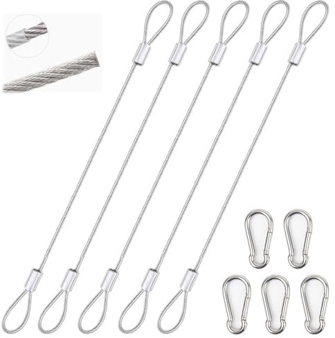 5 Stück Drahtseil, Stahlseil mit Ösen, silber mit Ringen und Haken 50 cm x 2mm Drahtseil, Sicherheitskabel für Fahrräder, Motorräder, Türschlösser, Kofferschlösser, etc