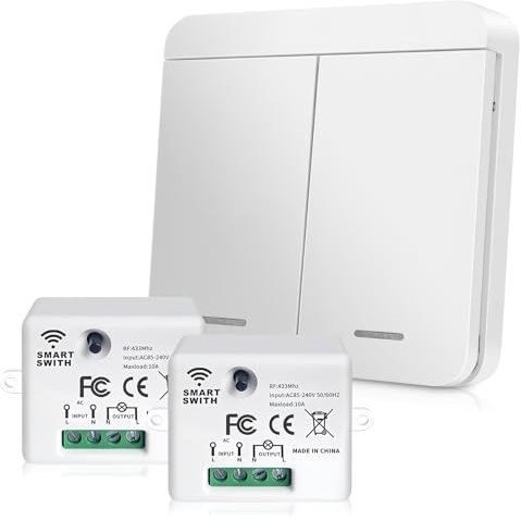 GOEDCH Interrupteur sans fil avec récepteur : ensemble d'interrupteurs sans fil, interrupteur mural sans fil, avec 2 récepteurs jusqu'à 50 m de portée pour lampe intérieure, extérieur, bureau et