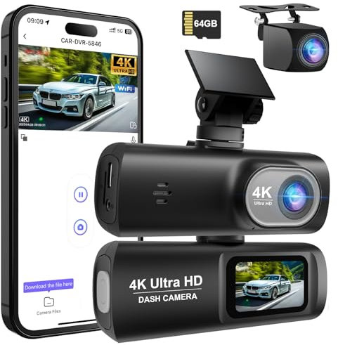 Dashcam 4K+1080P, WiFi Dash CAM Coche Grabadora Camara Vigilancia Coche Cámara para Coche con Tarjeta SD de 64GB, Visión Nocturn, WDR, Sensor G, Monitor de Aparcamiento 24H, Grabación en Bucle