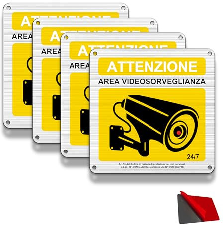 FloraVigo Cartello Videosorvegliata Alluminio Spazzolato 15x15 cm, Adesivo Area Videosorvegliata Metallo di Piccole Dimensioni, piastra di allarme con adesivi (4)