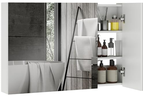 kleankin Specchio Bagno Contenitore con 3 Ante a Specchio Soft Close, Specchiera Bagno con Ripiani Regolabili in Legno e Vetro, 90x13.5x60 cm, Bianco