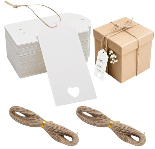 WOKICOR 200 Stück Geschenkanhänger, Weiß Kraftpapier Etiketten 4,5x9,5cm mit 2x20m Juteschnur, Kraftpapier Anhänger zum Beschriften Papieranhänger für Valentinstag Weihnachten Geschenkverpackung