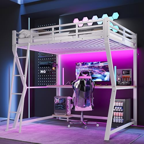 Gxffipw Doppelbett Hochbett 140x200 cm mit Rausfallschutz und LED-Licht, Jugendbett Etagenbett mit Schreibtisch und USB, Metallbett Bettrahmen mit Lattenrost aus Metall, Weiß, Ohne Matratze