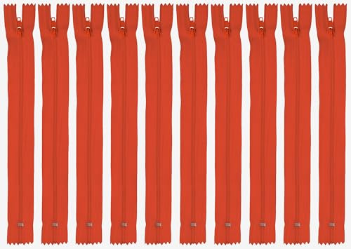 Faden & Nadel Reißverschluss Set: 10 Nylon Reißverschlüsse, nicht teilbar, 22 cm lang, rot-orange