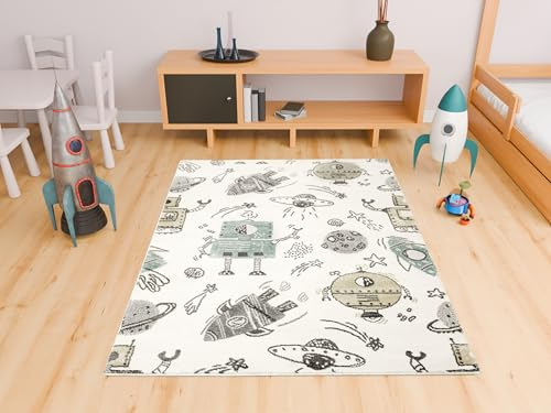 AKCILA Lima Roboter Planeten 200x250 cm,Kurzflor Teppich Schlafzimmer, Kinderzimmer Teppich, Babyzimmer Teppich,Teppiche Gegend, Dekorativ Kids Carpet, Kinderteppich, Spielteppich Kinder
