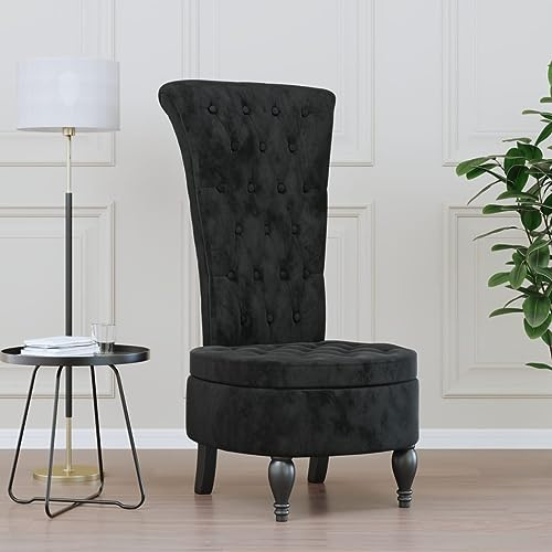 QJBSAVVA Hochlehnstuhl Schwarz Samt mit Knopfheftung 56x72,5x108 cm Moderner Polsterstuhl mit Massivholzbeinen Komfortabler Loungesessel für Wohnzimmer Schlafzimmer Schminktisch Balkon