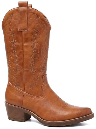 URBAN ROSA Stivali Donna Texani Cowboy con Punta a Punta e Ricami Decorativi Stile Western Chic (CAMEL, 41 EU, Adulto, 41, Numero, Sistema Taglie Calzature EU, Media)
