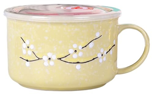 Hperu Soup Bowls with Handles 800ml/28oz Sealing Heat-Resistant Microwave Soup Mug with Lid Floral Wintersweet Ceramic Travel Mug for Ramen, Noodle, Porridge - Ceramic Bowl With Lid