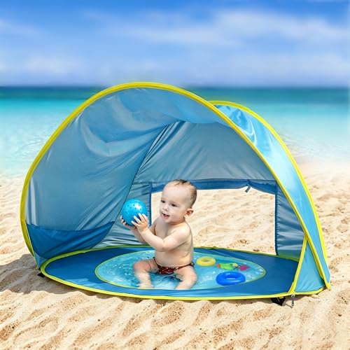 KBIBCK Tenda da Spiaggia Bambini, Tenda Spiaggia con Protezione UV 50, Parasole da Spiaggia con Mini-Piscina, Borsa per il Trasporto e Picchetti, Finestra con Cerniera