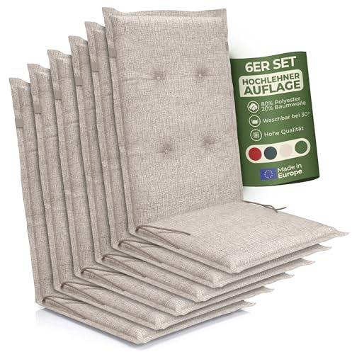 Petsation Florence Hochlehner Auflage – Gartenstuhlauflage Hochlehner mit Schaumstoff Polster, Outdoor Kissen & Stuhlkissen für Gartenstuhl, Sitzkissen Stuhl & Sitzkissen Bank, Outdoor (6, Taupe)