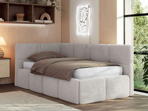MKS MEBLE Jugendbett ARVO 90x200 cm mit Lattenrost und Bettkasten, Polsterbett mit gepolstertem Kopfteil und Gasdruckfedern, Eckbett mit Stauraum - mit Pocket-Matratze - Hellgrau Plüsch - Linke Seite