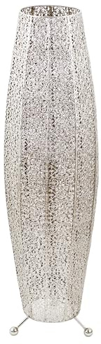 Happy Homewares Traditional and Ornate Floral Moroccan Floor Lamp in Shiny Silver with Tripod Metal Feet | 85cm x 30cm | 1 x 11w | Inline Foot Switch Button