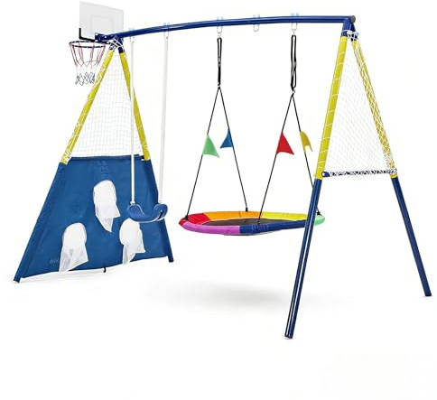 4-in-1 Kids Swing Set with Nest Swing, Basketball Hoop & Soccer Goal - 150kg Weight Capacity Heavy Duty Metal Garden Swing for Kids & Adults, Robust Chain Swingset, Yellow & Blue