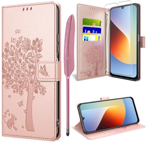 TTSWJBD Handyhülle für Xiaomi Redmi A7 Pro 4G Hülle mit Schutzfolie, Rosa | PU Leder Magnet Klappbar, 3 Kartensteckplätzen Schutzhülle, Lederhülle Flip Case Wallet, Stoßfest Standfunktion