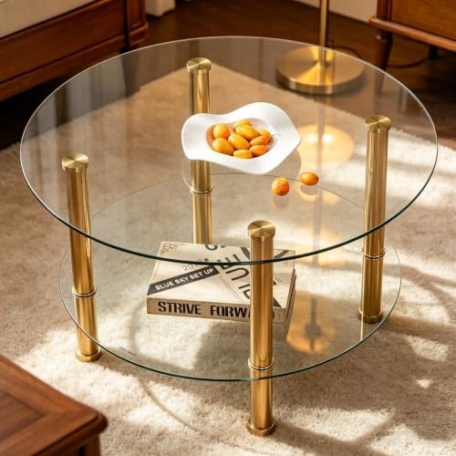 Couchtisch Glas,Runde Couchtisch Gold,für Wohnzimmer, Schlafzimmer, Moderner Couchtisch mit Klarem Gehärtetem Glas, Groß: 70 * 70 * 42cm