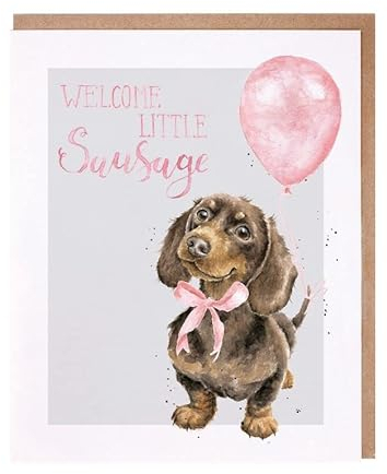 Wrendale Designs – Grußkarte Little Sausage – Neues Baby Girl – Dackel