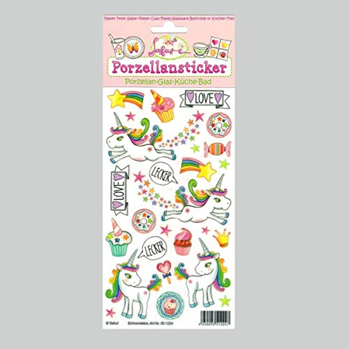 Porzellansticker Einhorn, Regenbogeneinhorn, Sternenstaub, Cupcake, Regenbogen, Stern, Horn, Krone, Herz
