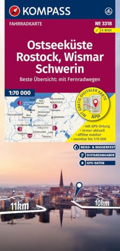 KOMPASS Fahrradkarte 3318 Ostseeküste, Rostock, Wismar, Schwerin 1:70.000: reiß- und wetterfest