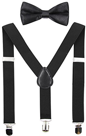 HANERDUN Unisex Hosenträger mit Fliege für Jungen und Mädchen, Befestigung mit drei Kleiderclipse am Hosenbund möglich, Schwarz, Einheitsgröße