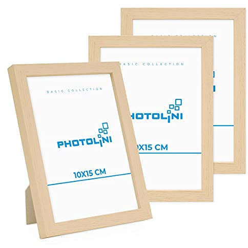 PHOTOLINI Cadre 10 x 15 bois MDF naturel, lot de 3 cadres photo pour posters et affiches, verre acrylique incassable, décoration murale à suspendre & à poser, avec accessoires supplémentaires
