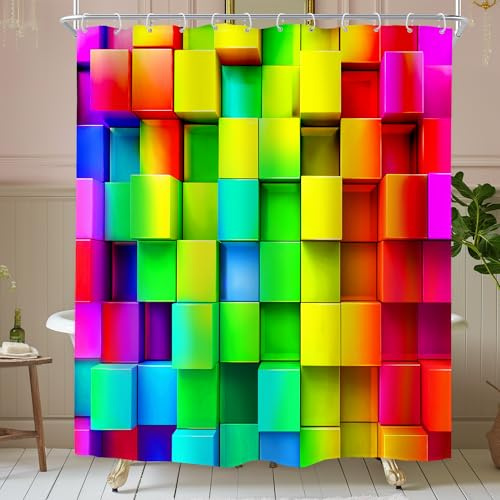 Riyidecor RY-UACR Duschvorhang, bunt, geometrisch, kariert, 183 x 183 cm, abstraktes Ziegel, Neon, 3D-Kunststoffhaken, farbige Dekoration, modernes Badezimmer-Set, Polyester, wasserdichter Stoff, 12