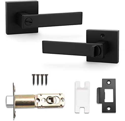 Probrico Interior Privacy Door Lever for Bedroom Stainless Steel Bathroom Flat Reversible Door Handle Square Door Lock Set Without Key Black