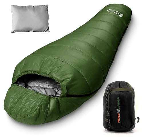 SereneLife Mummy Sleeping Bag with Travel Pillow – Lightweight 4-Season Sleeping Bag for Adults & Kids, Compact Compression Sack, 210T Waterproof Shell, Washable, for Camping, Hiking, Outdoor Use