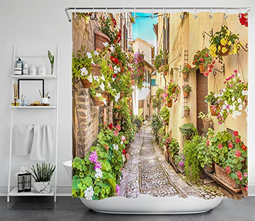 LB Blumen Straße Duschvorhang Antischimmel Wasserdicht Badezimmer Vorhänge Italien Stadt Pflanzen Landschaft 180x200cm Extra Lang Polyester Bad Vorhang mit Haken