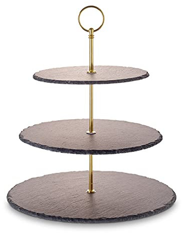 ECHTWERK EW-ET-1782G Etagere-/ Servier-Ablage für Gebäck, Obst, Käse und Dessert aus Naturschiefer mit 3 Ebenen und Metallgriff, Gold-Edition, Ø Schieferplatten ca. 20/25/ 30 cm, Steingut