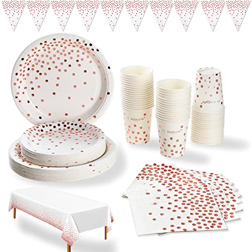 Weiß und Rose Gold Dot Party Supplies 99 Stück Rose Golden Dot Party Geschirr Papierteller, Servietten, 9oz Tassen, Tischtuch, Banner, für Hochzeit, Geburtstag, Jubiläum, Baby Shower (24 Gäste)