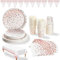 Or Rose et Blanches Vaisselle de Fête 99 Pièces Rose Golden Dot Vaisselle en Papier Set Assiettes, Serviettes, Tasses 9oz, Nappe, Bannière, pour Anniversaire, Mariage, Fête de Célibataires(24 Invités)