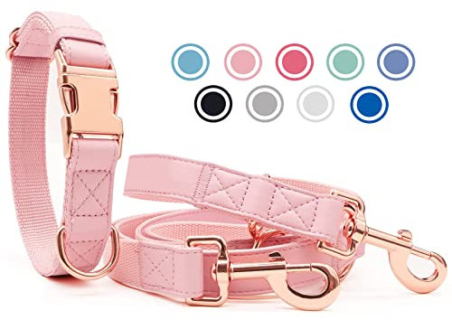 Weich Leder Hundehalsband und Leine (2m) Set - 3-Fach Verstellbar Hundeleine mit Halsband, Stilvollen Rose Gold Metall Schnalle & Nylon Hund Leinen für Welpen Kleine Mittlere Große Hunde Rosa,XS