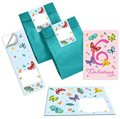 Junapack 12 Einladungskarten zum 6. Kindergeburtstag sechste Geburtstag Ballerina Schmetterlinge incl. 12 Umschläge, 12 Tüten/Petrol, 12 Aufkleber