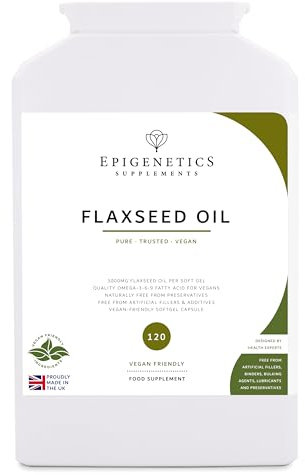 Flaxseed Oil 3000mg | Organic Flax Seed (Linum Usitatissimum) | 120 Vegan Friendly Softgel Capsules UK Made | 1.3 Months Supply by Epigenetics Supplements