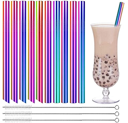 Strohhalme Edelstahl Bubble Tea Perlen Set,Strohhalm Wiederverwendbar,10 Stück Set 12mm Extra Breite Trinkhalme mit 3 Reinigungsbürste,Ideal für Smoothie,Saft und Kaffee -Regenbogenfarben