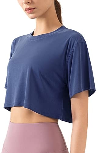 Damen Fitness Trainieren Crop-Tops Kurzarm Yoga T-Shirts Sportlich Betrieb Sport-Shirts Navy blau L