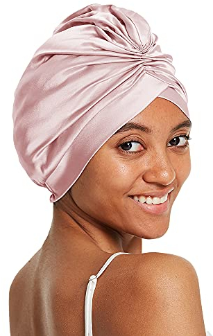 LilySilk 100% Maulbeerseide Schlafmütze für lockiges Haar 19 Momme Seide Bonnet Nacht Schlafmütze Kopfbedeckung Haarwickel für Frauen mit elastischem Band,Rosa