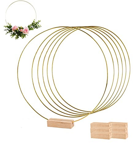 30cm Metallringe zum Basteln, 6 Stück Blumenkranz Makramee Ringe Metall mit Holzhalter zum Selbermachen von Weihnachten, Hochzeit, Kranz, Traumfänger, Makramee, Wandbehang (Gold)