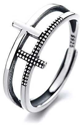 Stfery Silberring 925, Ringe Frauen mit Kreuz 2 Reihen Hohl Verstellbar Damen Herren Modeschmuck Geschenk