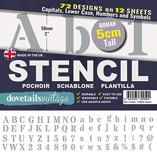 Dovetails Vintage 5 cm hoher Buchstabenschablonen-Bausatz - Roman Stil, Groß- und Kleinbuchstaben mit Zahlen und Symbolen