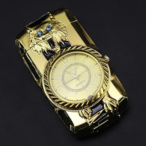 Luxus Feuerzeug aus Metall in Gold/Silber Mit Uhr (Wolf in Gold)