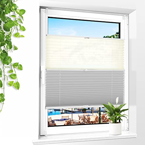 BOBODECO Day Night Plissee ohne Bohren Verdunkelung Klemmfix, 90x110cm beige grau Thermo Plissee 100% Verdunkelnd & lichtundurchlässig Jalousie Aluminium Rollos für Fenster & Tür