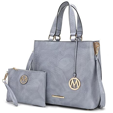 MKF Collection Tragetasche mit Armband, Geldbörse für Damen, veganes Leder, Tragegriff oben, Umhängetasche, Handtasche, Beryll Denim, Large