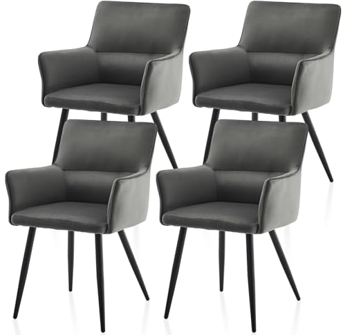 TUKAILAI Esszimmerstühle 4er-Set aus Samt, Modern Polsterstuhl Küchenstuhl mit Armlehnen, Rückenlehne, Polstersitz, Metallbeine,Wohnzimmer-Sessel, Esszimmer Küche, 4 stück Stuhl, Dunkelgrau