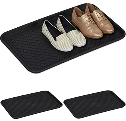 Relaxdays Juego Goteo, 60 x 40 cm Bandeja Zapatos XL, Set de 3, Base para Zapatillas Mojadas, Posazapatos Grande Plástico, Negro