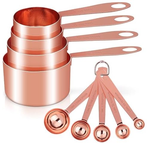 Cuteefun Set di 9 Misurino e Cucchiaio Dosatore, Manico in Acciaio Inox con Misure Metriche e Statunitensi, Misurini Cucina per Ingredienti Secchi e Liquidi per Cucina, Forno, Bevande (Oro Rosa)